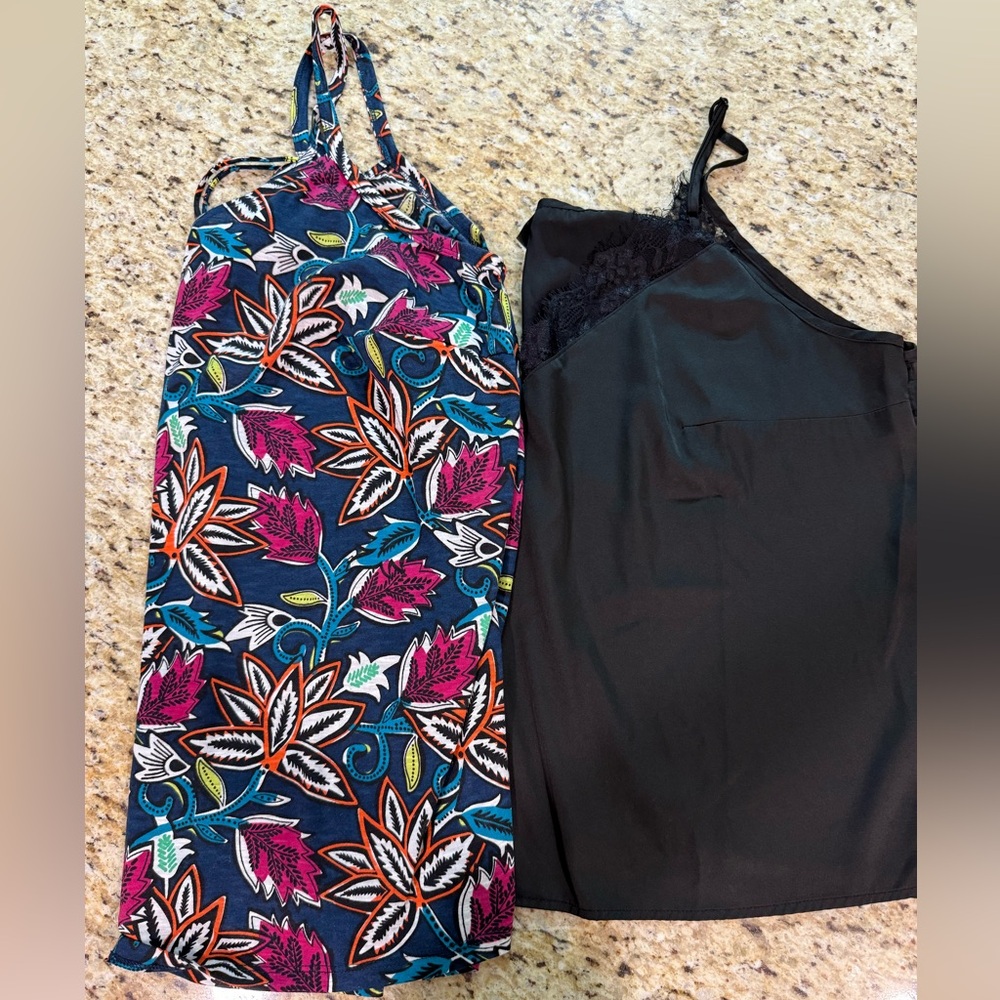 2 Pc Bundle Floral Print & Solid Color Cami Lace Trim Camisole Tank Tops 2X 3X